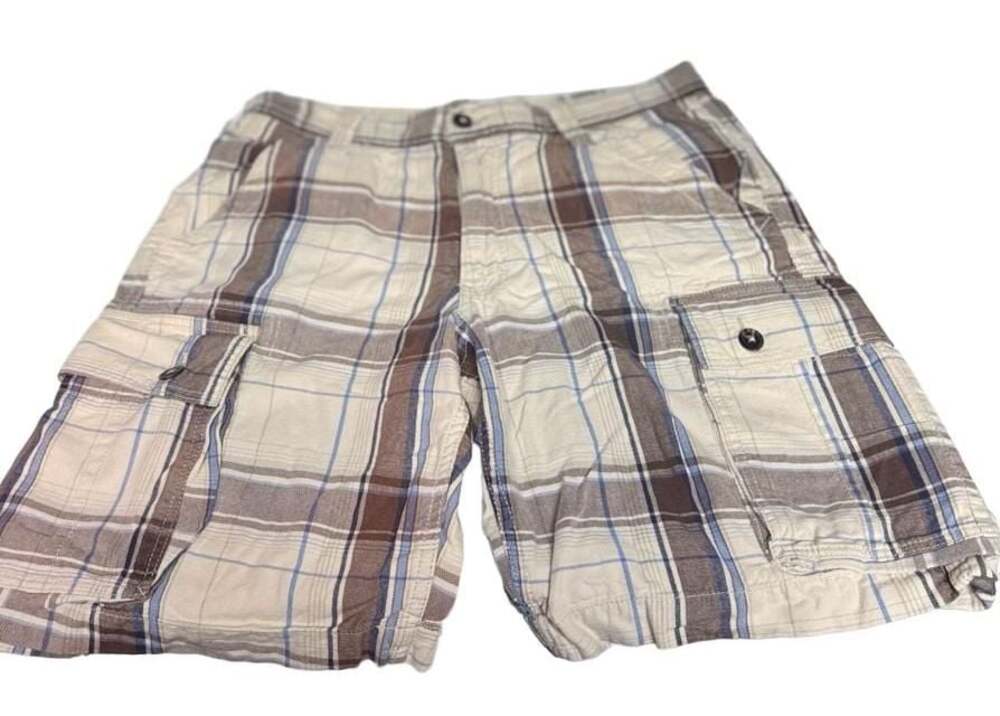 U.S. Polo Assn. Mens Plaid Cargo Shorts Size 34 Beige Brown Blue